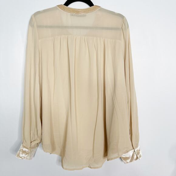 New Doe & Rae Large L Cream Pink Velvet Trim Pleated Long Sleeve Blouse Top - Picture 2 of 13